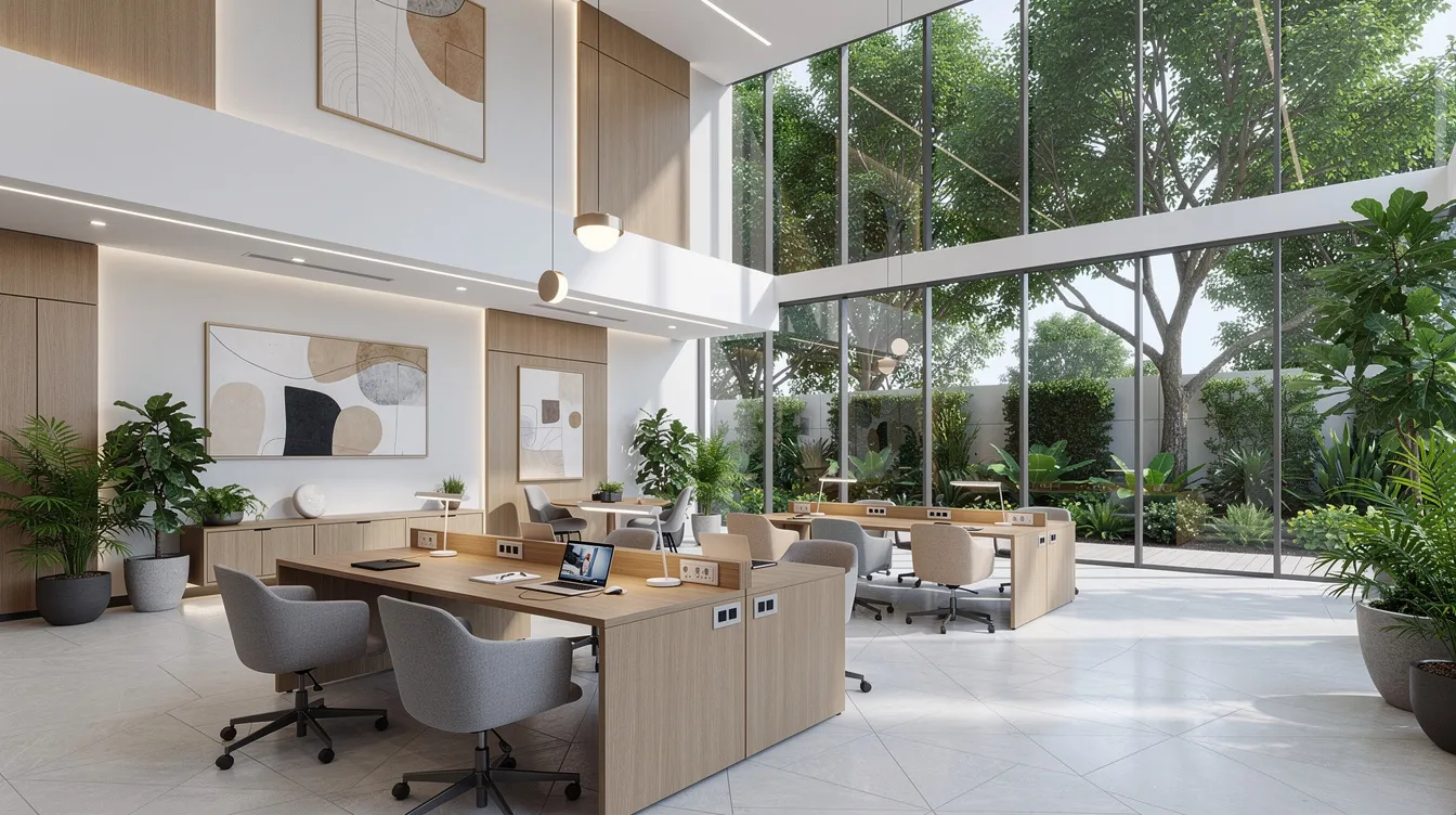 The image depicts a modern condominium lobby at Hudson Place Residences, featuring co-working tables surrounded by lush greenery visible through expansive floor-to-ceiling windows, creating an inviting atmosphere for professionals and residents. This vibrant space emphasizes urban living and connectivity, reflecting the lifestyle amenities available in the one north precinct.