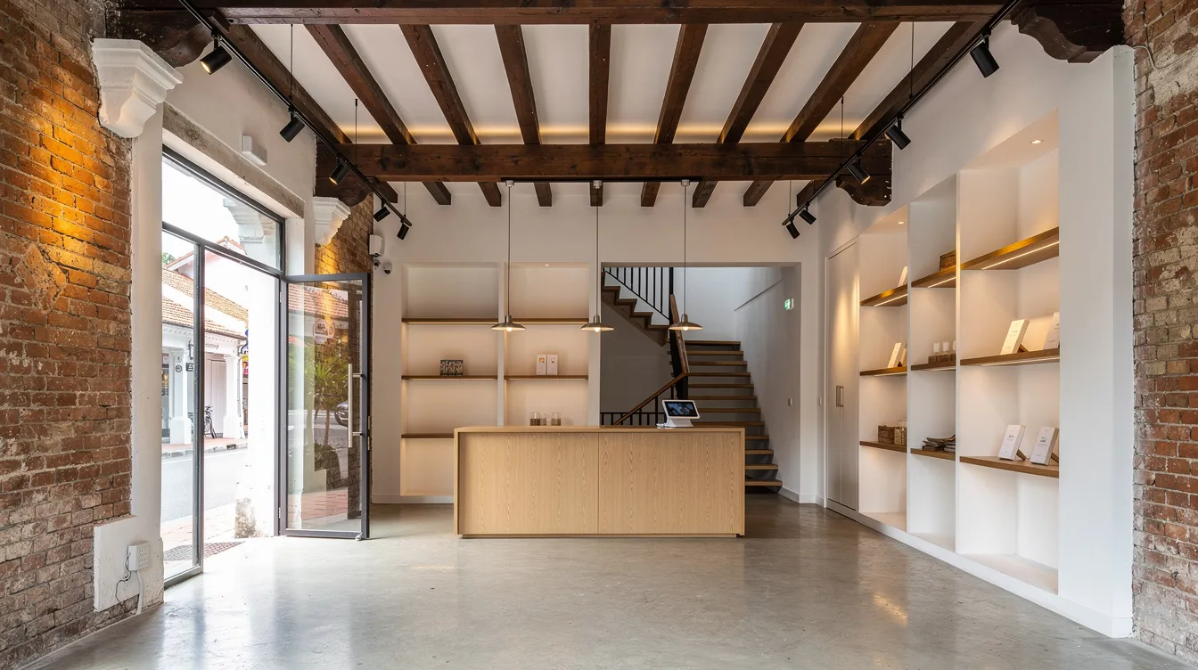 The image depicts the interior of a beautifully restored conservation shophouse, featuring exposed timber beams and modern fixtures, along with a ground-floor commercial space ideal for retail or dining. This blend of heritage and contemporary design highlights the appeal of shophouses in Singapore as a lucrative asset class for high net worth individuals seeking capital appreciation and strong rental yields.