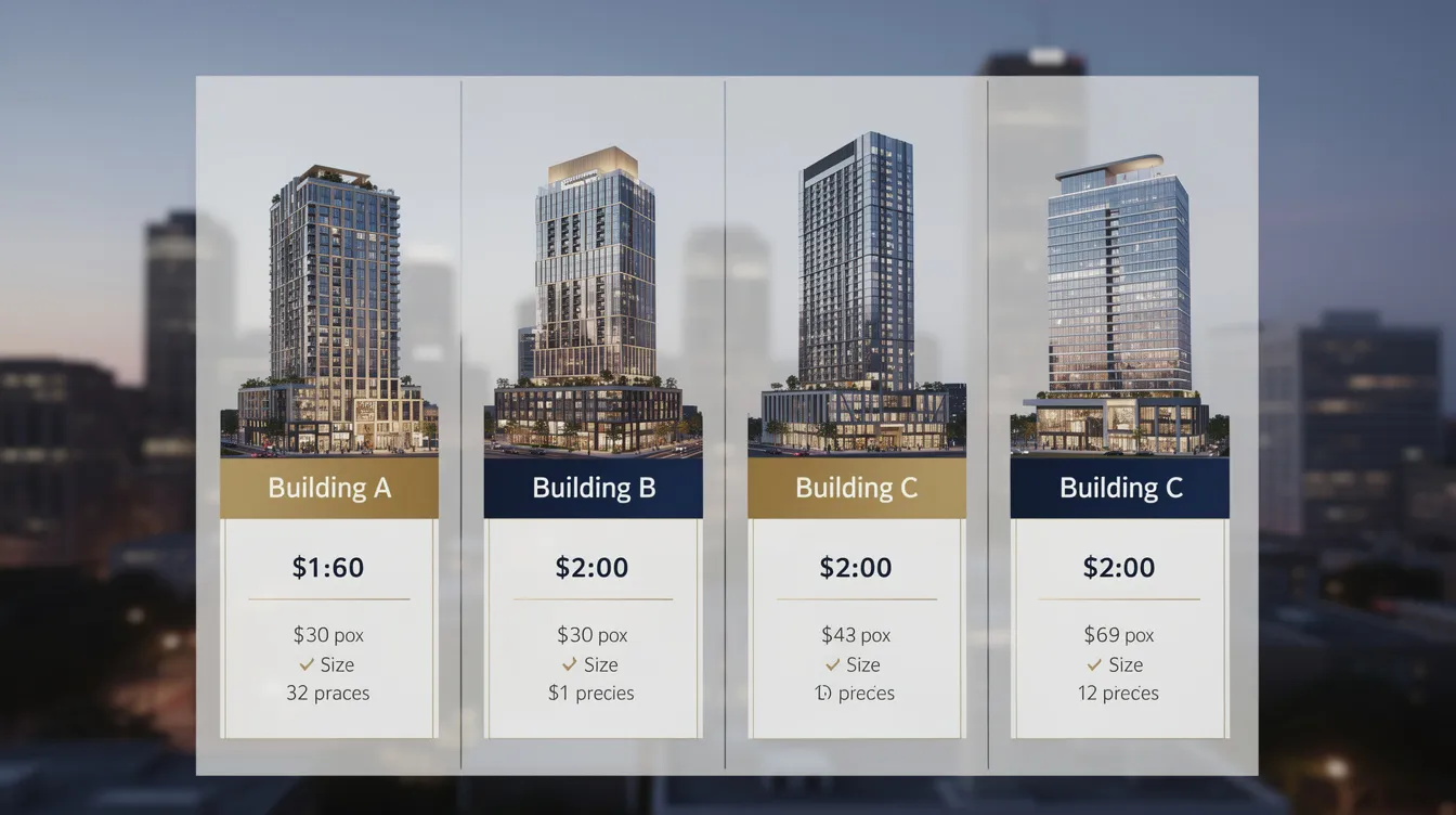 The image features a comparison chart showcasing luxury condominium buildings, including "Newport Residences" and "Amberwood at Holland," set against a backdrop of an urban skyline. The chart highlights various amenities such as the "Sky Spa Pool," "Indoor Jet Pool," and "Sky Lounge," providing a visual representation of the offerings in the Greater Southern Waterfront area.