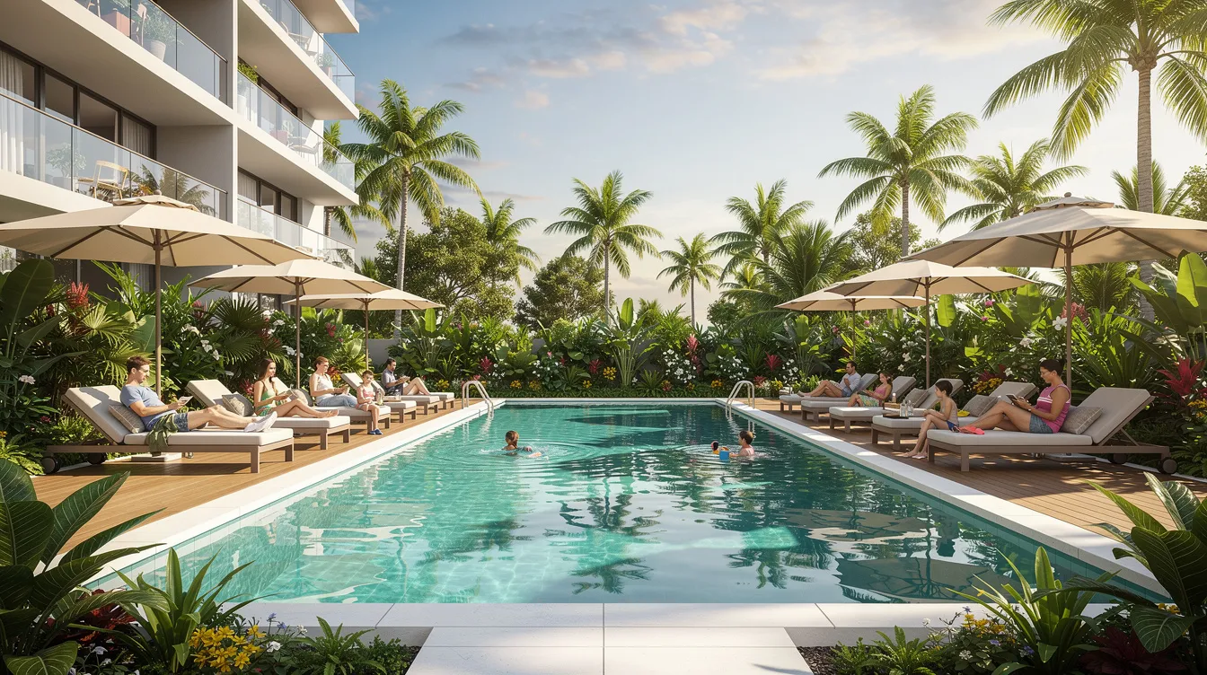 The image depicts a modern condominium swimming pool surrounded by lush tropical plants, where families are comfortably relaxing on sun loungers. This serene setting is characteristic of freehold developments like Serra Residences, located in Singapore's core central region, offering a tranquil escape for residents.