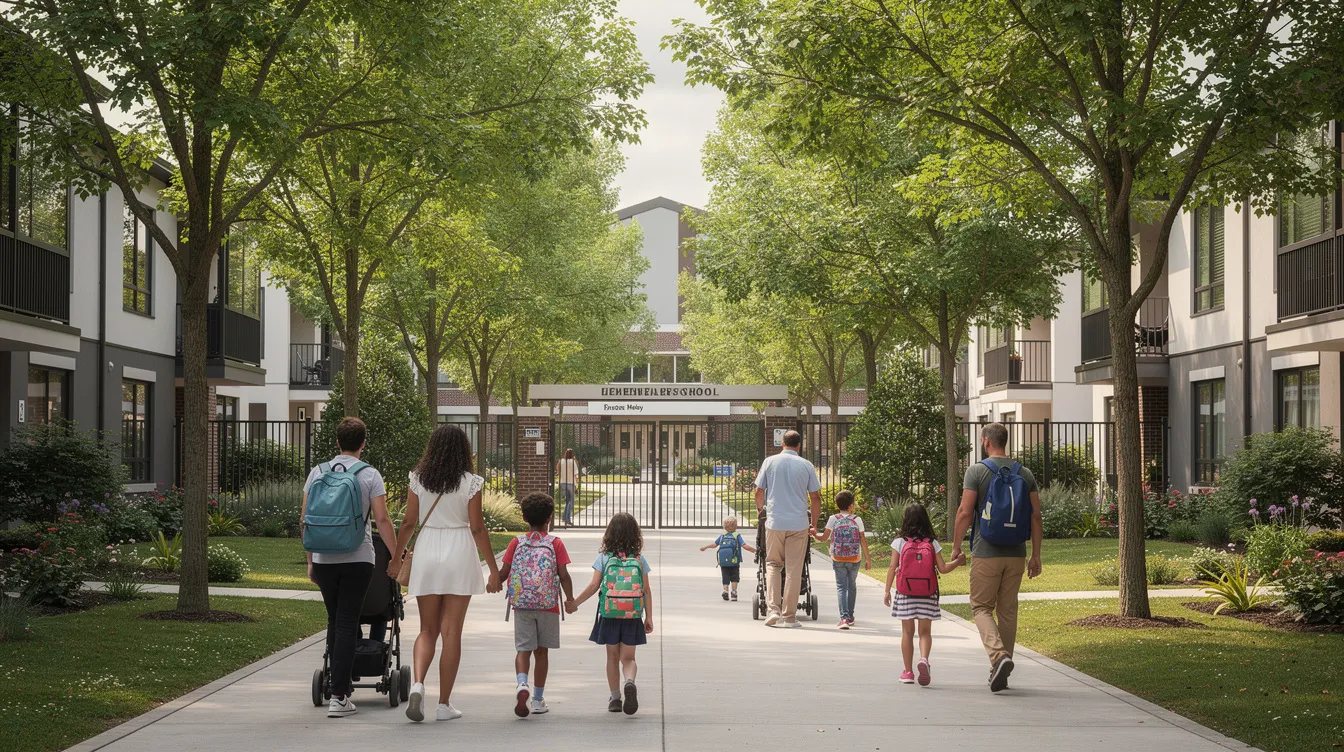A group of families strolls along a shaded path lined with trees, with low-rise apartments on one side and the gate of a primary school, possibly Methodist Girls School or Ngee Ann Primary, visible in the background, highlighting the importance of school proximity for children living in the area. The scene reflects the community's focus on popular primary schools and the significance of home school distance in the property market.