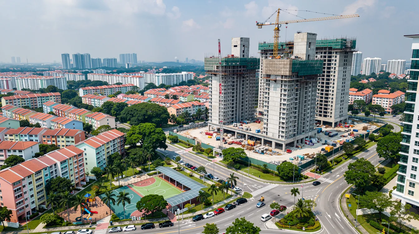 An aerial view captures a Singapore residential neighborhood, showcasing a new condominium under construction adjacent to established housing. This scene highlights the real estate market's dynamic nature, where future buyers can explore newly launched properties that promise potential capital gains and lower maintenance costs.