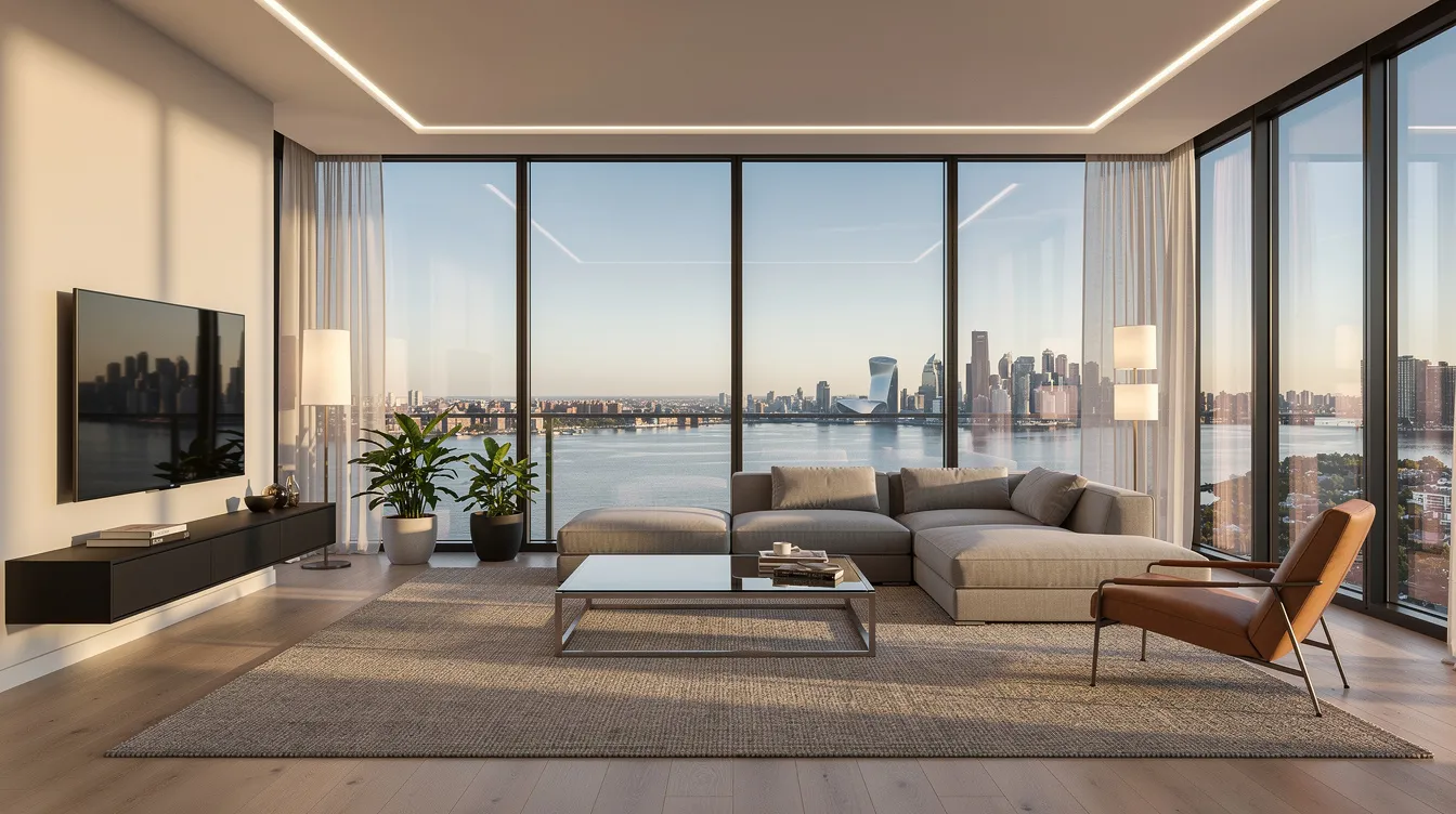 The image depicts a modern condominium living room featuring floor-to-ceiling windows that offer a stunning view of the Singapore River and the city skyline. The sleek interior design highlights a spacious layout with contemporary furnishings, creating an inviting atmosphere in this prime district of the River Valley area.