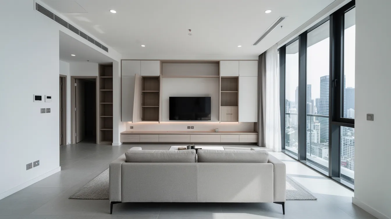 The image depicts a modern living room interior of a new launch condominium unit, showcasing stylish furnishings and partially fitted finishes, ideal for private property purchase. This contemporary space highlights the potential for upgrading from an HDB flat to a private condo, reflecting the latest trends in residential property design.