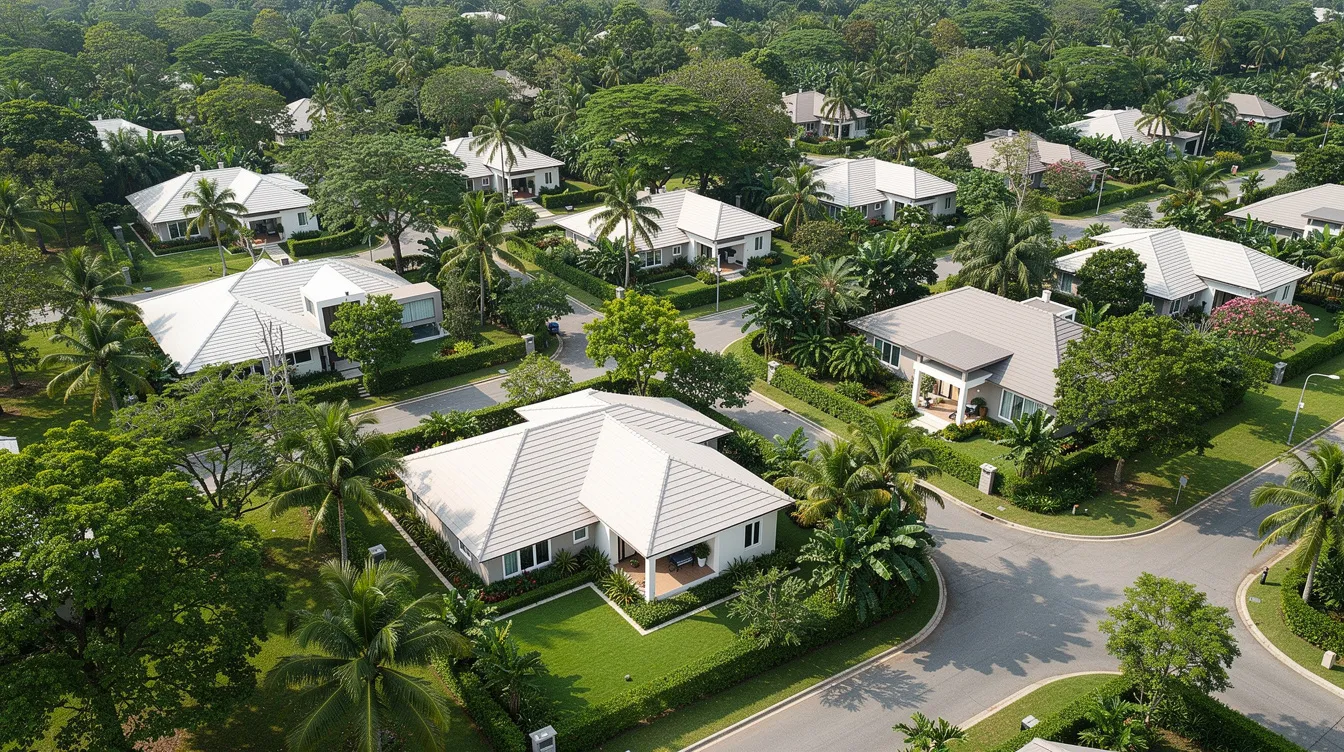 An aerial view showcases lush green good class bungalow compounds nestled among mature tropical trees in a low-density residential district, highlighting the exclusivity and prestige of landed properties in prime residential areas of Singapore. The image reflects the serene lifestyle and significant value associated with these sought-after properties, making them appealing to potential buyers and permanent residents.