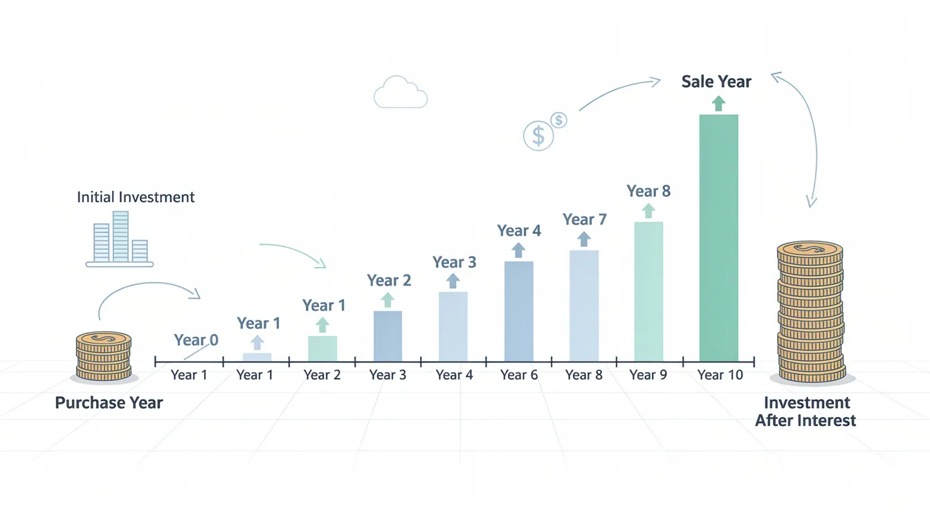 The image depicts a timeline graphic illustrating the growth of CPF accrued interest from a small amount at the purchase year to a significantly larger sum by the sale year, eight to ten years later. This visual representation highlights the importance of understanding CPF accrued interest in calculating the hidden costs associated with property purchases and sales.