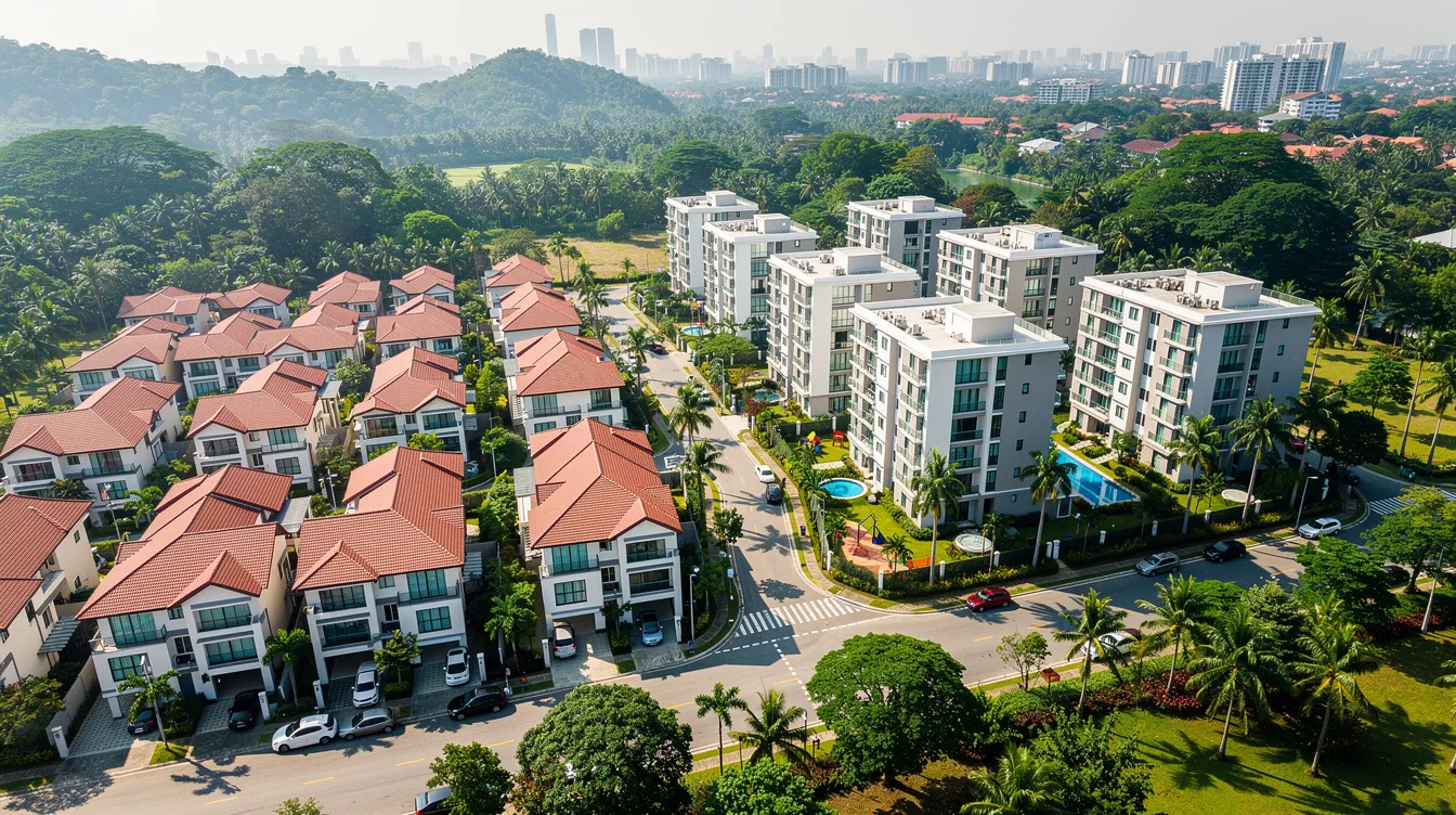An aerial view showcases a mixed housing estate featuring terrace houses and condominiums, all nestled within lush tropical greenery. This residential property highlights the diversity of landed homes and condos, reflecting the vibrant property market in the area.
