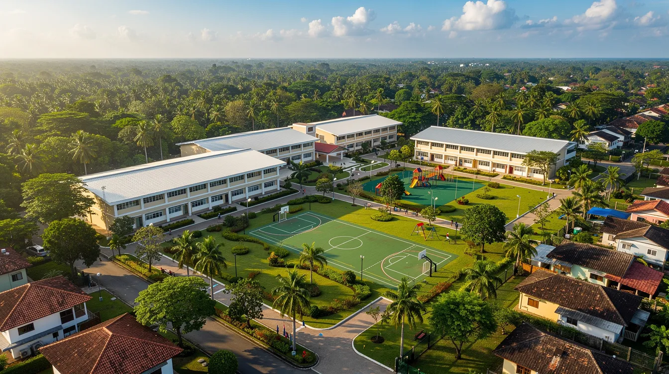 An aerial view captures a vibrant school campus nestled within lush greenery, surrounded by a tropical residential neighborhood. This scene highlights the proximity of the campus to the popular Ai Tong School, which is within 1km of Thomson Reserve, a sought-after location for families seeking quality primary education in Singapore.