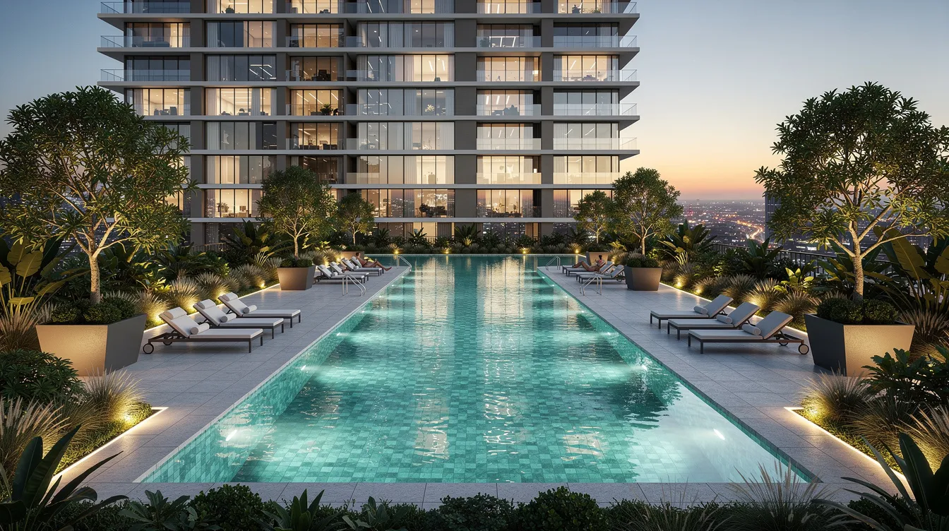 The image depicts a modern high-rise residential development featuring a swimming pool surrounded by a beautifully landscaped garden deck, ideal for relaxation and leisure. This luxurious setting is part of the vibrant Thomson Reserve and is conveniently located near the Upper Thomson MRT, providing easy access to the Thomson East Coast Line.