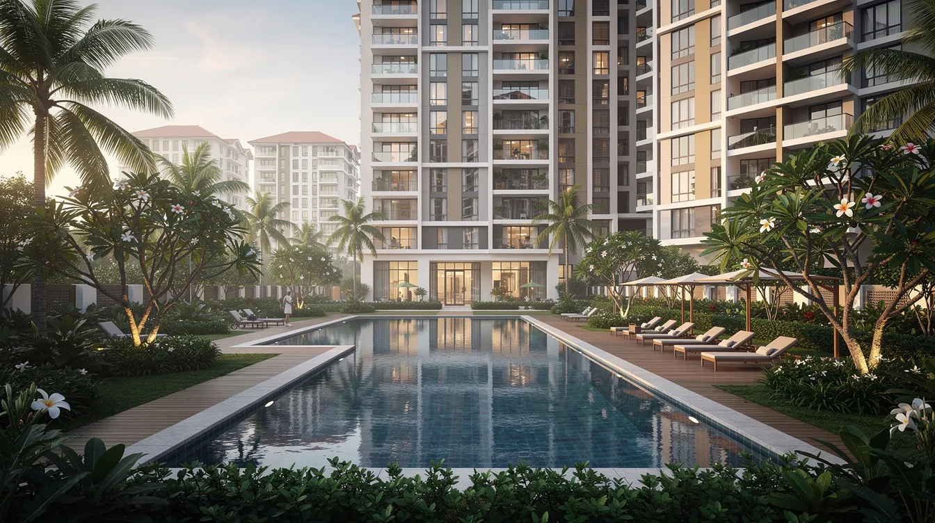 The image depicts a modern condominium building in Singapore, showcasing an inviting swimming pool surrounded by lush tropical landscaping. This residential property exemplifies contemporary design and offers amenities that enhance the living experience in a vibrant urban environment.