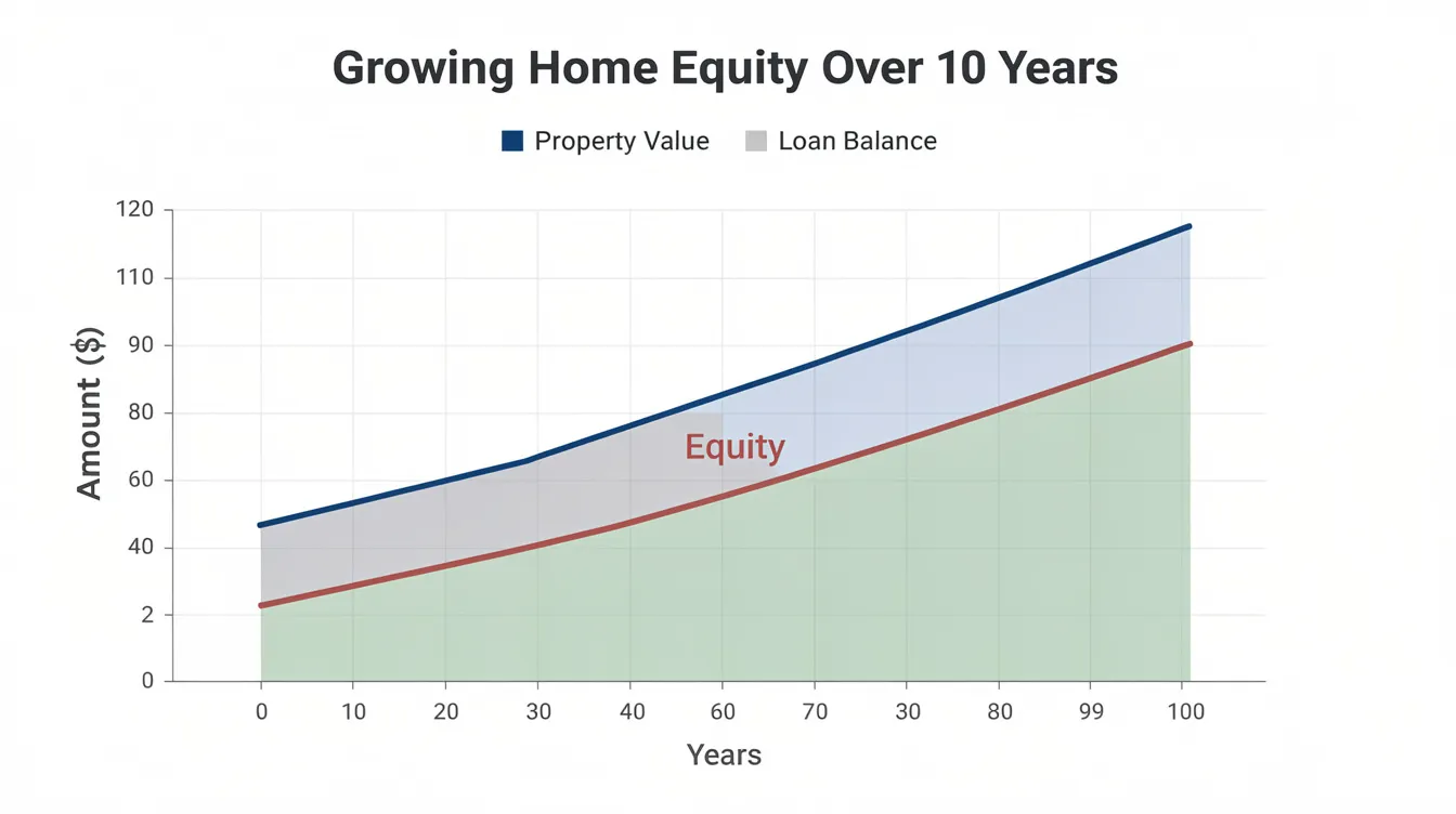 The image depicts a graph illustrating the relationship between property value appreciation and outstanding loan balance over a ten-year period, with a shaded area indicating the growth of equity. This visualization highlights key aspects of the property market, including capital appreciation and the impact of new launches on investment properties.