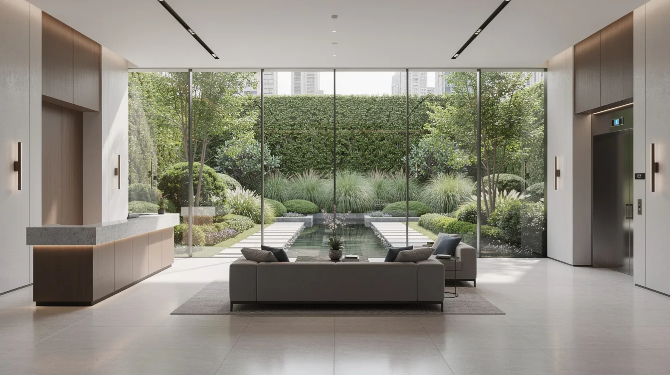 The image depicts a modern condominium lobby characterized by sleek, clean lines and a vibrant courtyard garden filled with lush greenery. This inviting space is ideal for property investors seeking a stylish investment property that offers both aesthetic appeal and potential for capital growth.