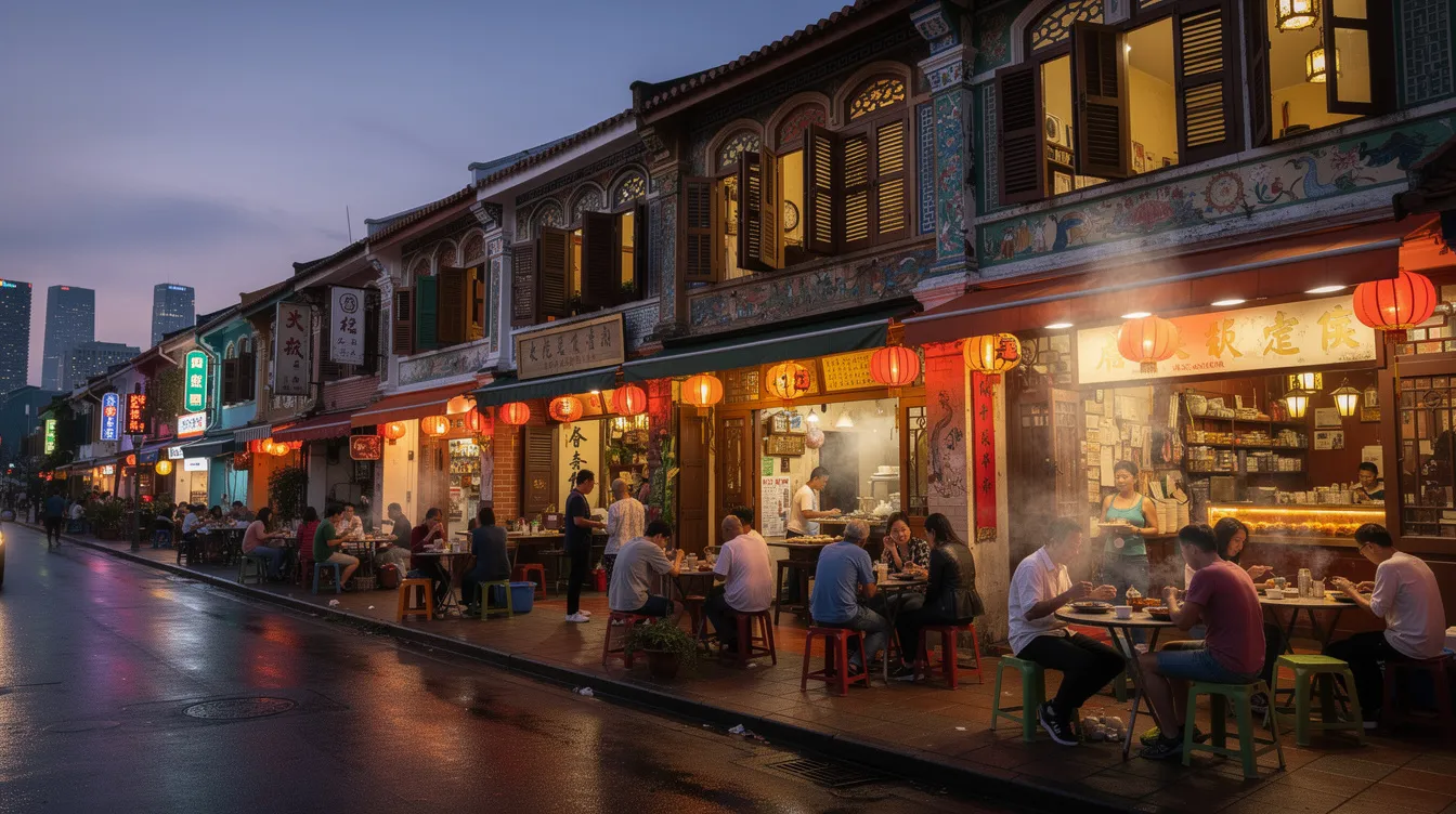 The image depicts a vibrant Chinatown streetscape at dusk, showcasing a row of restored shophouses with colorful facades, where diners enjoy outdoor seating, reflecting the strong investor interest in Singapore's shophouse market. The lively atmosphere highlights the appeal of these properties, even as transaction volume eases in the central region.