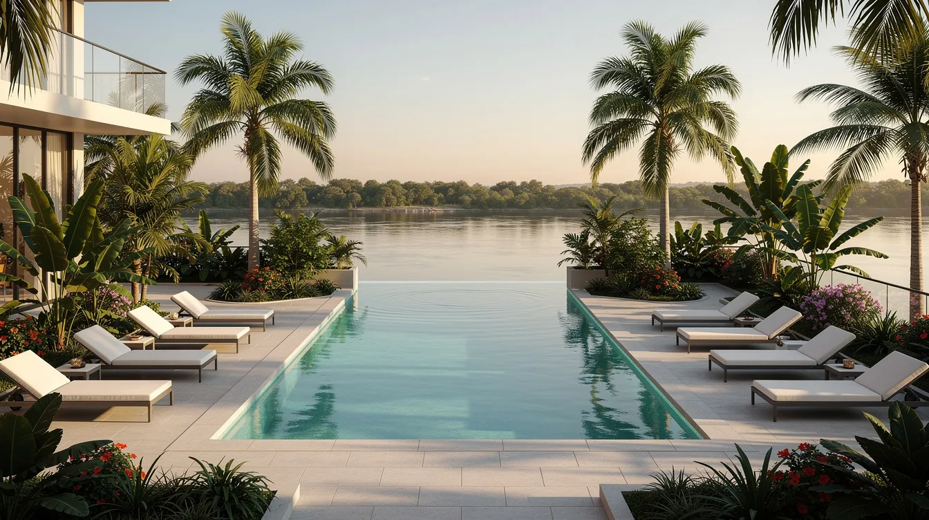 The image depicts a serene riverfront condominium pool deck, surrounded by lush tropical plants, with a calm river flowing in the background, embodying the tranquil lifestyle that luxury buyers may seek in Singapore's new launch market. This prime district setting highlights the appeal of larger units and the growth potential of upcoming projects in the area.