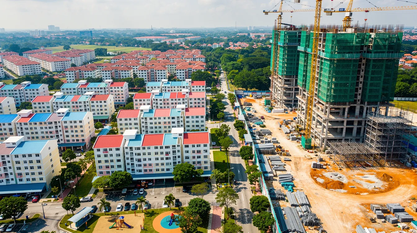 An aerial view captures a Singapore suburban neighborhood featuring several HDB flats alongside a construction site for new condominiums, highlighting the ongoing development of residential properties in the area. This scene reflects the growing interest among HDB upgraders in private residential options and new launch condos.