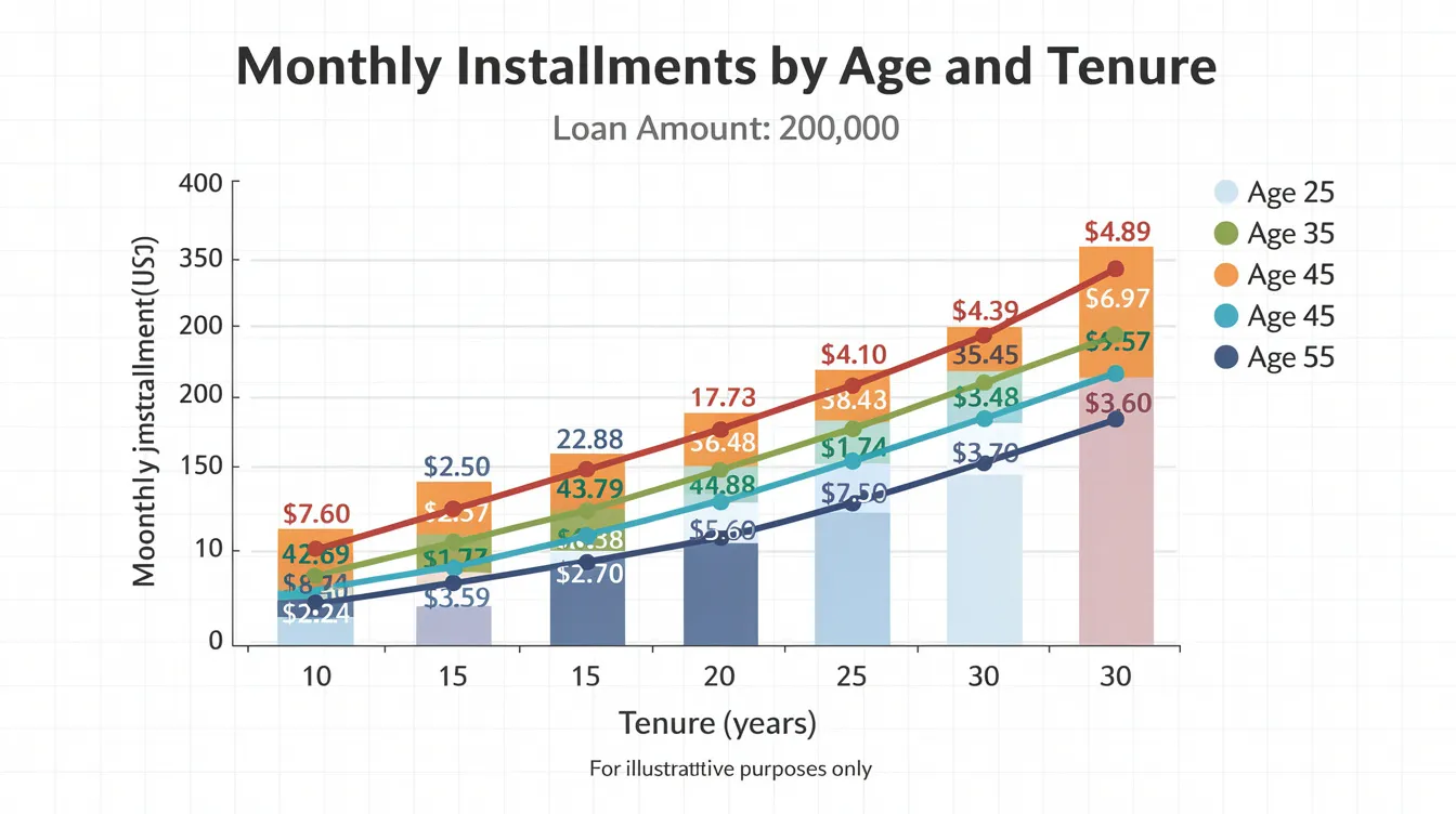 The image depicts a comparison chart illustrating monthly instalment amounts for a loan at various ages and tenure lengths, highlighting the impact of market timing on property investments. This visual aids in understanding asset progression and the financial implications of different age and tenure scenarios in the property market.