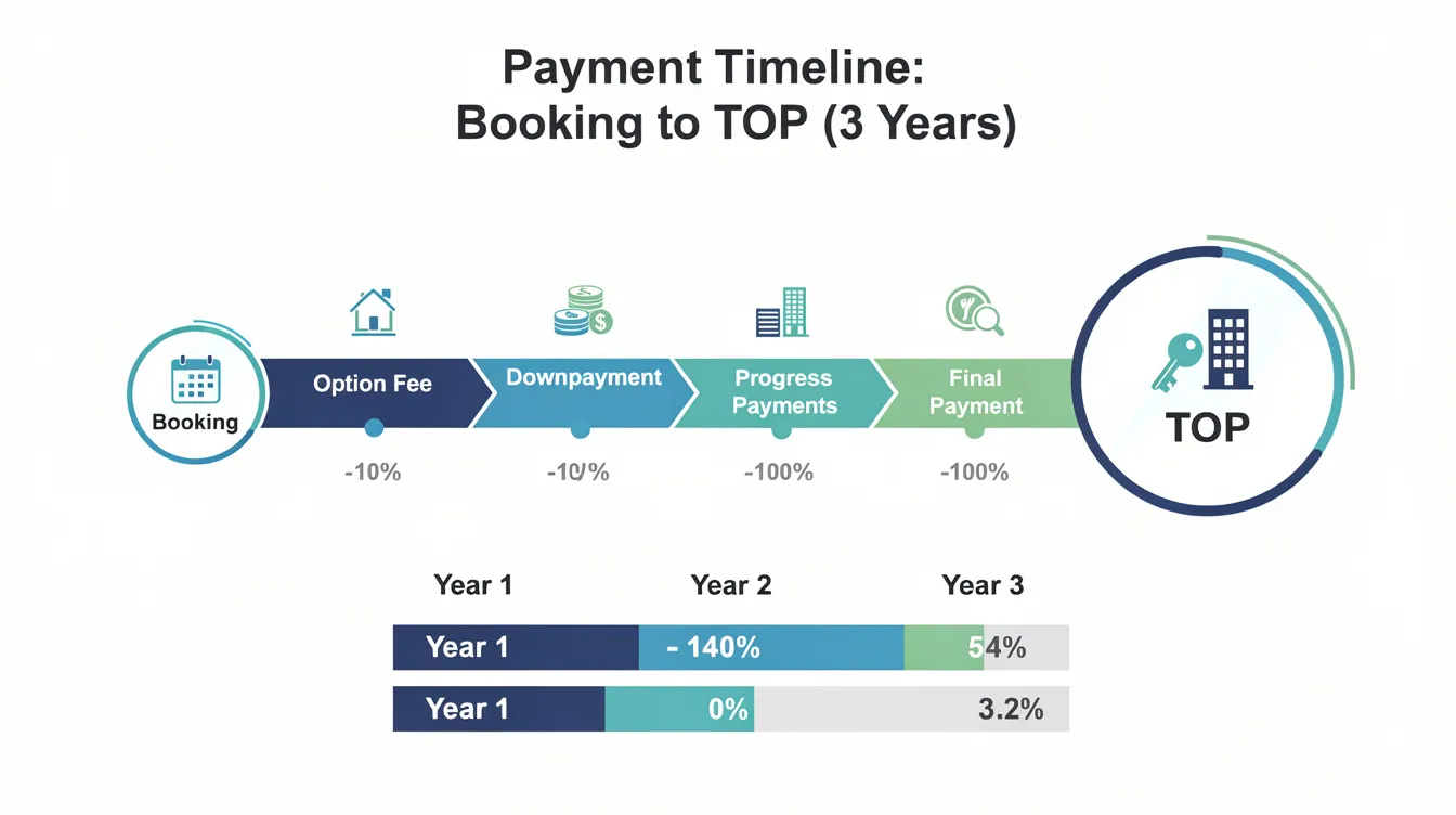 The image is a timeline infographic illustrating the progressive payment milestones for property buyers in the Lentor area, detailing the journey from booking to Temporary Occupation Permit (TOP) over three years. It highlights key developments such as Lentor Gardens Residences and Lentor Modern, providing insights into market trends and financial considerations for potential buyers.