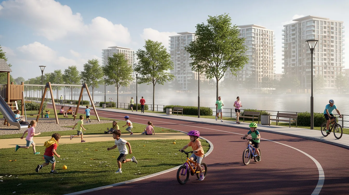 In a vibrant waterfront park, children are joyfully playing while cycling paths wind through the area, with residential towers visible in the background. This scene reflects the importance of outdoor activities and education for families in Singapore, emphasizing the benefits of extracurricular activities for children's development.