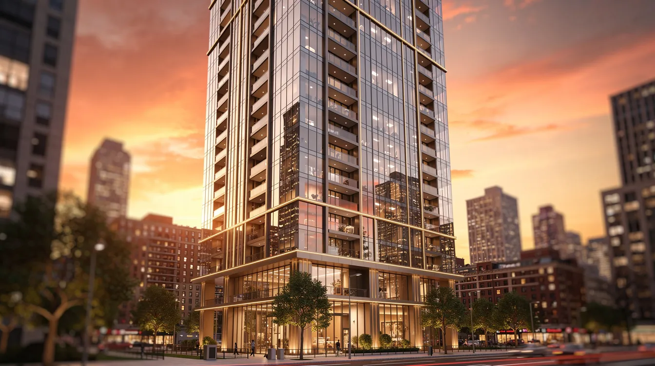 The image depicts a modern luxury high-rise residential tower with sleek glass facades that reflect the vibrant colors of a sunset, set against a backdrop of a dense urban skyline. This striking architecture represents the pinnacle of urban living, often sought after by potential buyers looking for properties in prime residential districts like Holland Road and Nassim Road, where exclusivity and prestige are paramount.