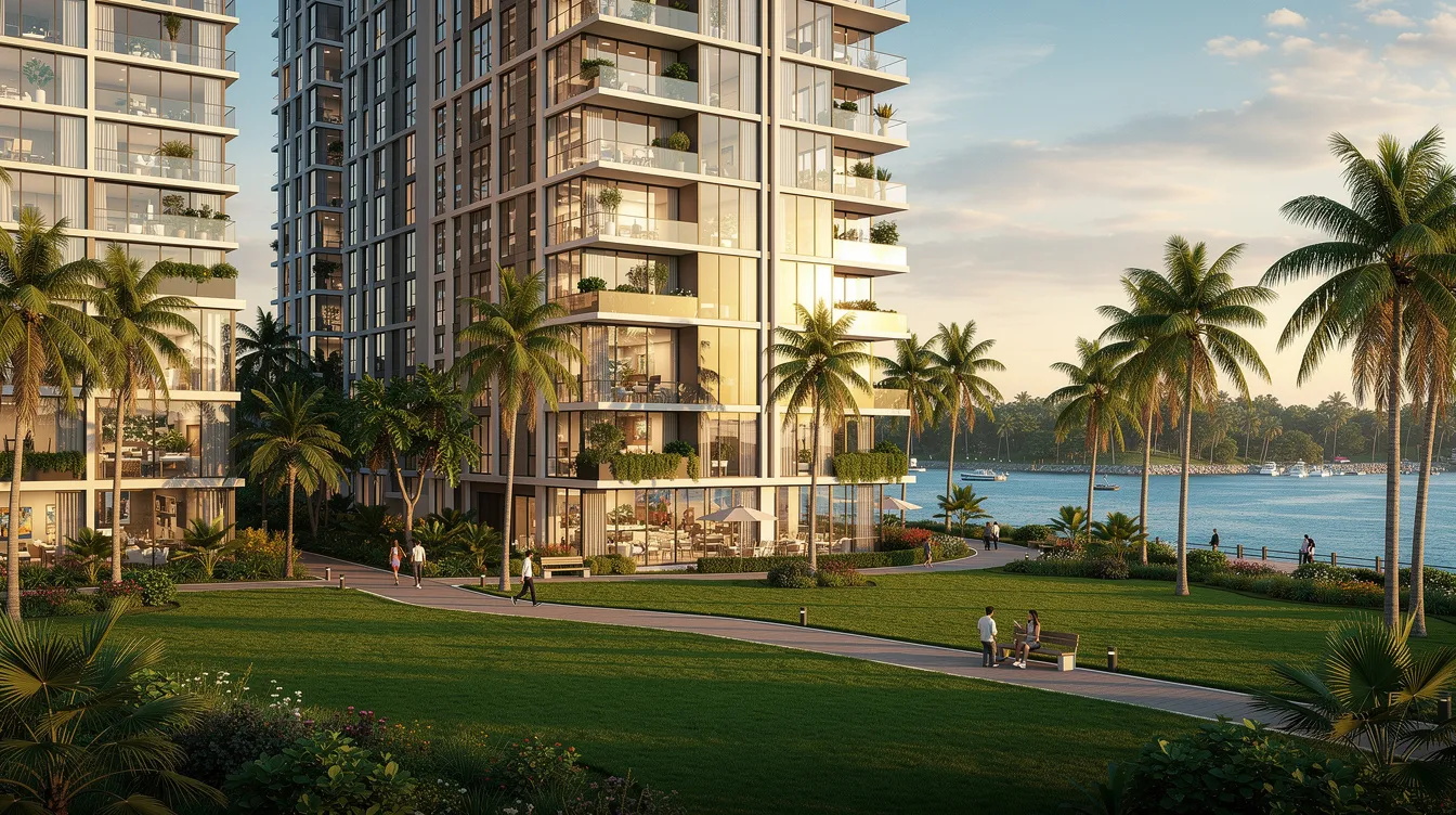 The image depicts modern residential towers that rise above a lush tropical waterfront park, featuring palm trees and vibrant greenery, embodying the east coast lifestyle. This scenic view highlights the proximity of the towers to the marina bay and the future bayshore precinct, making it an attractive location for residents seeking both luxury and nature.