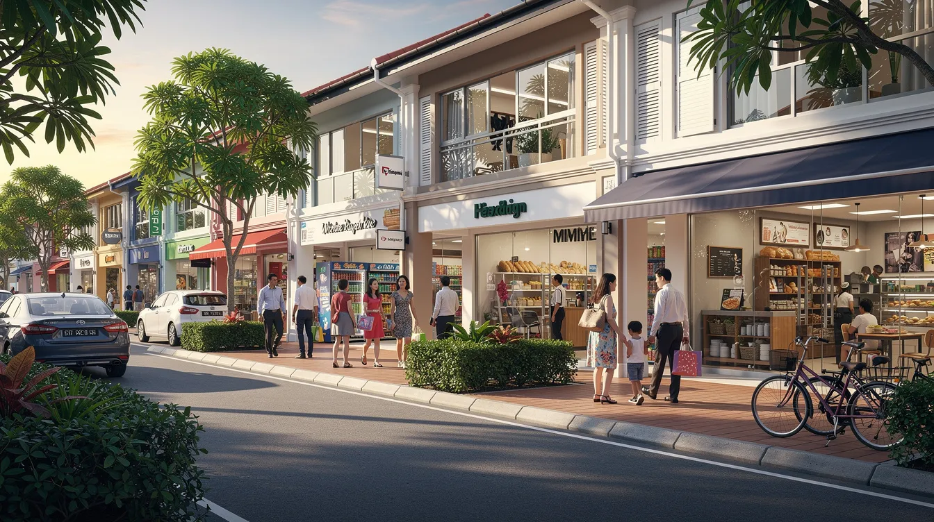 The image depicts a lively suburban retail area in Singapore, showcasing shopfront units at street level, with pedestrians strolling by. The scene captures the vibrant atmosphere of commercial property in a residential neighborhood, where various services and goods are offered to local customers.