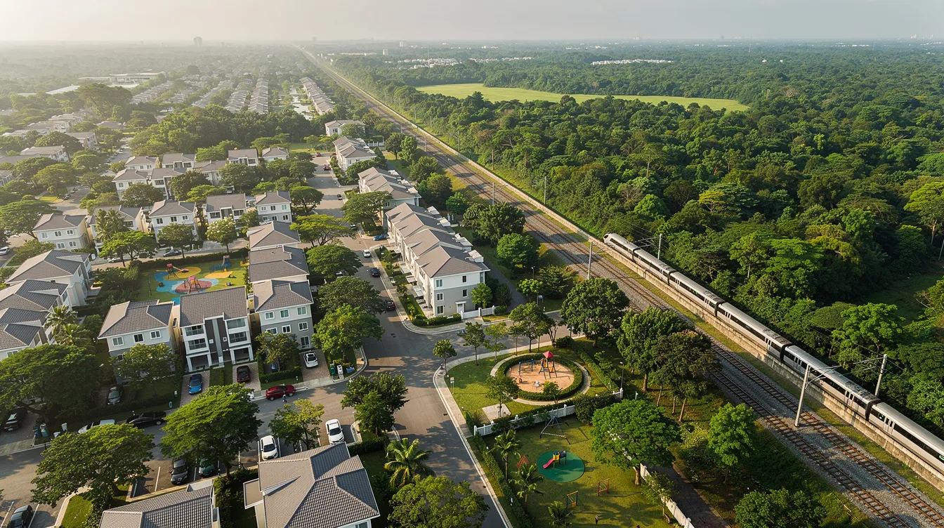 An aerial view captures a serene tree-lined residential neighborhood adjacent to the Thomson Reserve and MRT tracks, showcasing the proximity of Lentor Gardens Residences to nature and transportation options. The lush greenery of the area highlights the blend of urban living and natural beauty, ideal for families seeking school access and recreational space.