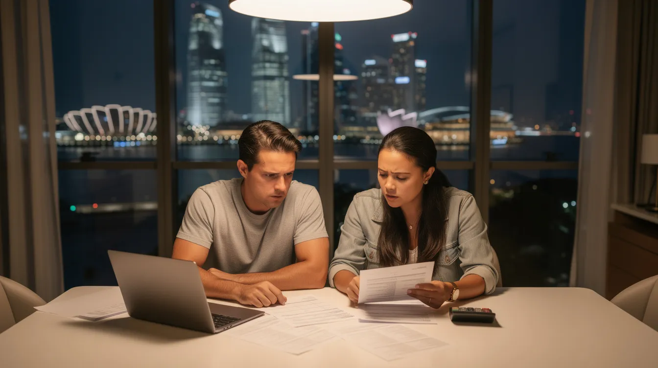 A couple sits at a dining table reviewing financial documents, including a laptop and calculator, with the Singapore skyline visible through the window. They are likely discussing their options for upgrading from an HDB flat to a private property, considering factors such as HDB sale proceeds, mortgage loans, and the financial implications of their next condo purchase.