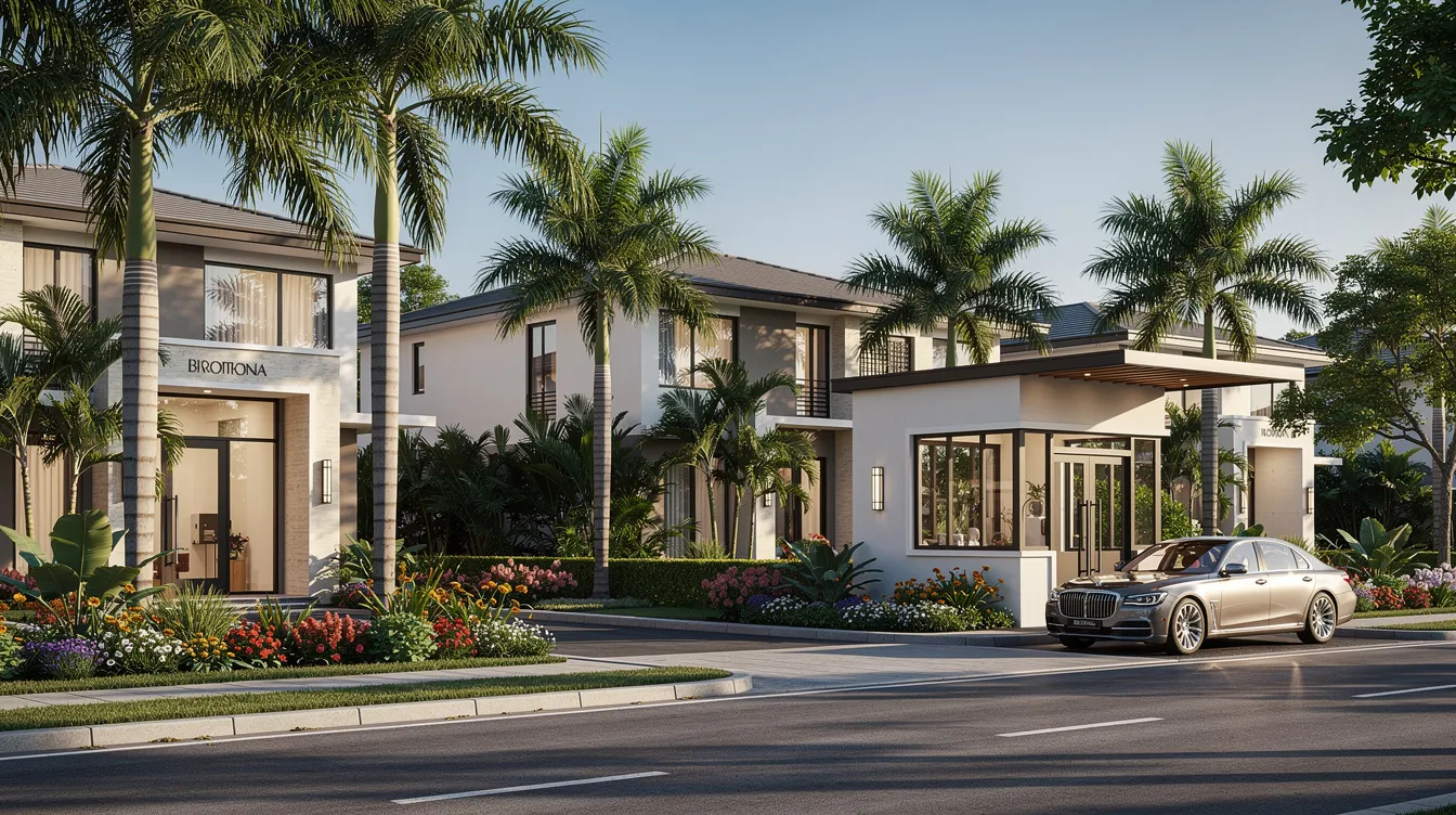 The image depicts a tranquil, tree-lined residential street in Singapore, featuring low-rise condominium entrances surrounded by lush tropical landscaping. A luxury car is parked near a guardhouse, highlighting the prestigious living options available in this prime area.