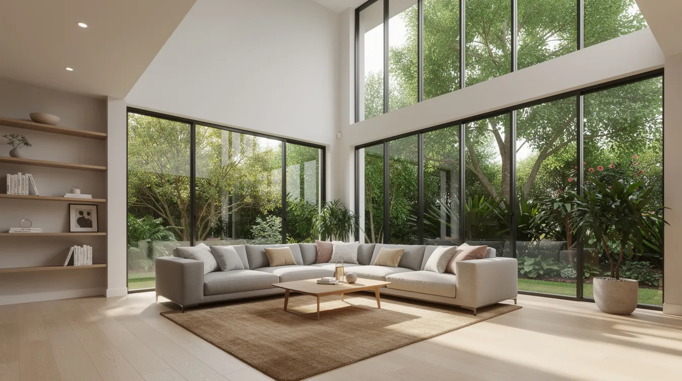 The image depicts a spacious living room featuring high ceilings and large windows that offer a view of lush greenery outside, creating a bright and airy atmosphere. This elegant space is ideal for families looking to enjoy a comfortable lifestyle in a prime district, close to amenities such as the King Albert Park MRT and Holland Village.