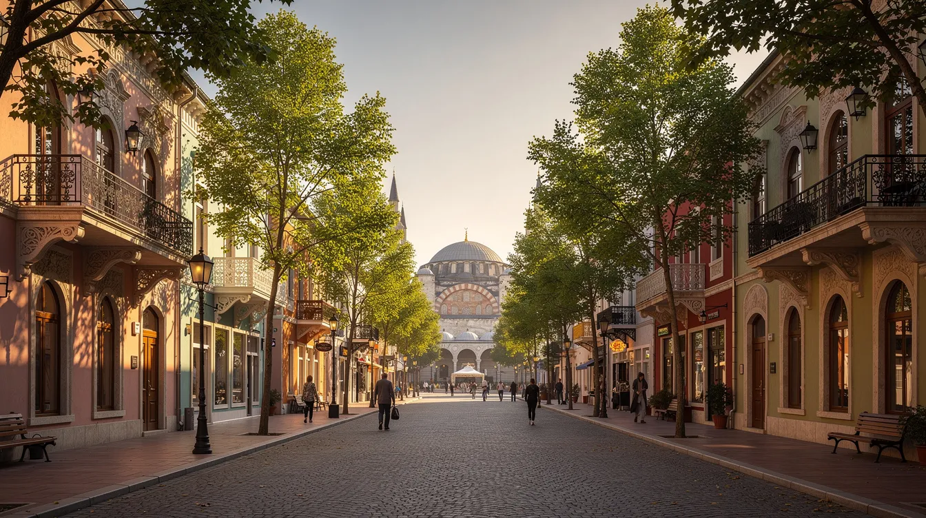 The image depicts a charming pedestrian street in Kampong Glam, lined with low-rise heritage shophouses featuring ornate facades, leading towards the prominent dome of the Sultan Mosque. Lush trees provide shade to the area, which is bustling with cafes and shops, reflecting the rich history and vibrant culture of this unique Singaporean neighborhood.