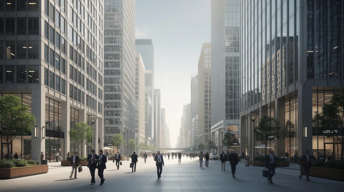 The image depicts a row of modern office towers in a bustling financial district, with pedestrians navigating the space between the buildings. This scene reflects the vibrant Singapore real estate market, where both domestic and international capital is drawn to the limited supply of commercial properties.