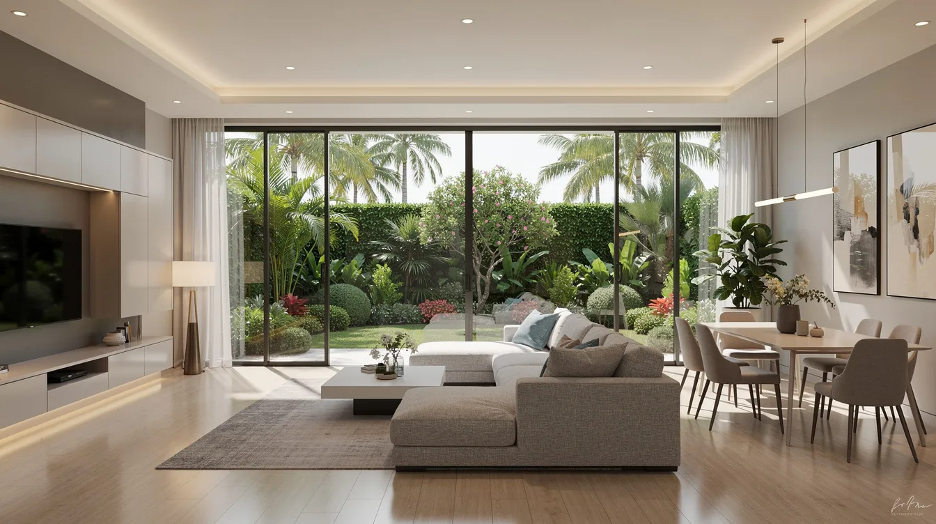 The image depicts a modern condominium showflat interior featuring floor-to-ceiling windows that provide a stunning view of a lush garden, highlighting the appealing lifestyle amenities of the new launch condo. This luxurious space reflects the core central region's property market trends, showcasing the attractive entry price and potential for capital appreciation in Singapore's competitive real estate landscape.