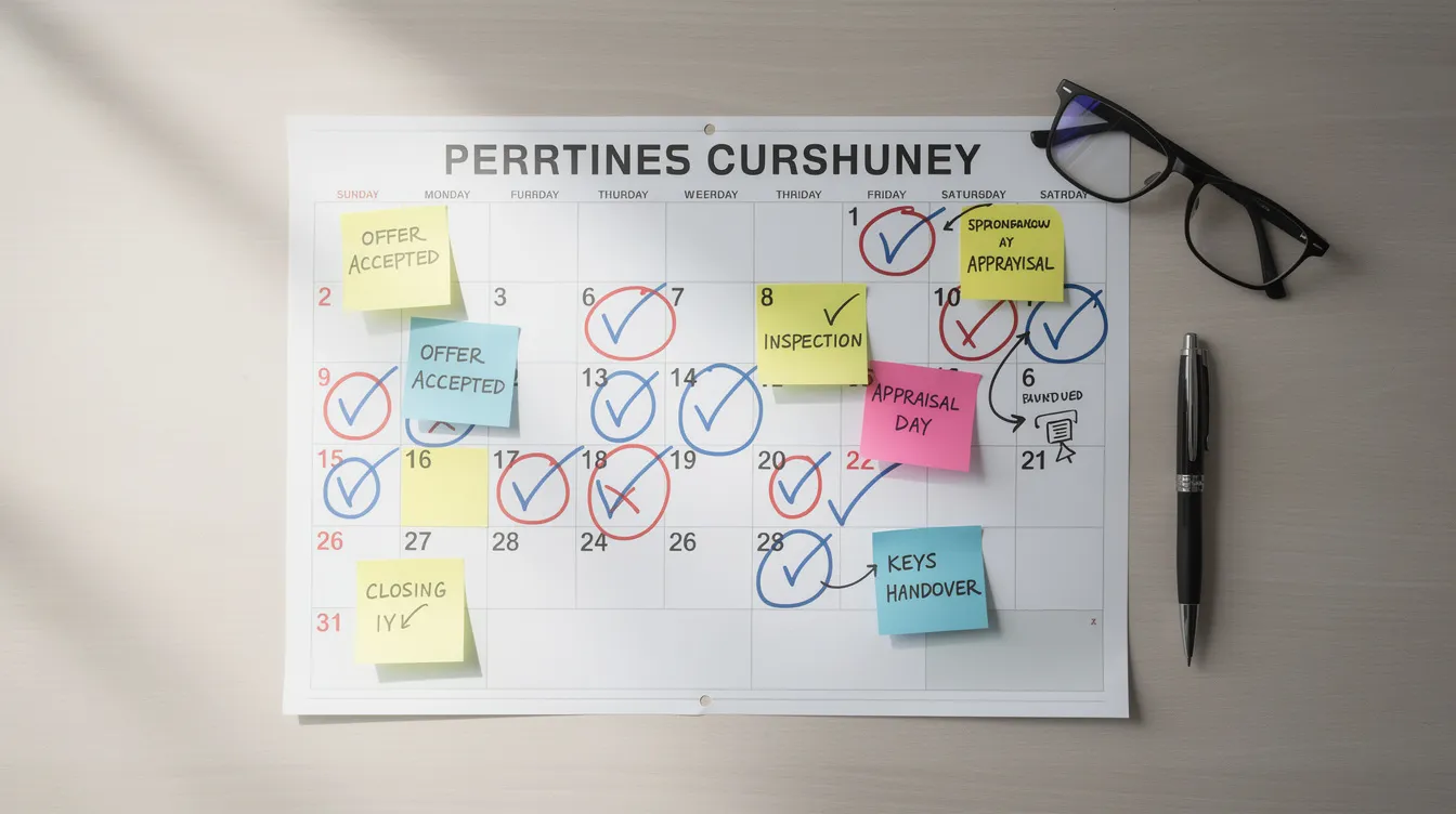 The image features a calendar displaying marked dates and colorful sticky notes that outline key milestones in property transactions, including the sale of an HDB flat and the purchase of a private condo. This visual representation highlights important financial aspects such as cash proceeds, outstanding HDB loans, and the process of upgrading from HDB to private property.