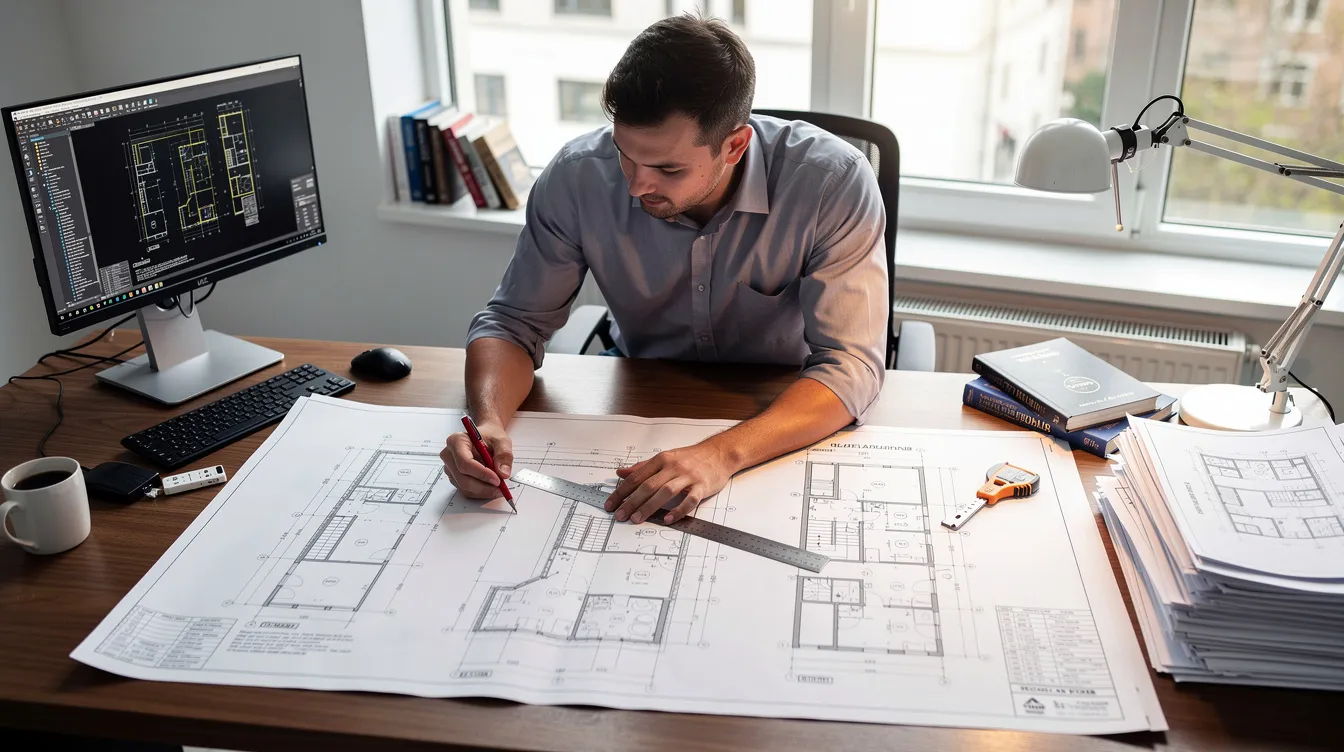 A civil engineer is seated at a desk, intently reviewing architectural floor plans and section drawings, essential for major infrastructure projects. The workspace is filled with technical documents and tools, reflecting the engineer's commitment to ensuring compliance with regulatory requirements and building control acts for public infrastructure projects.