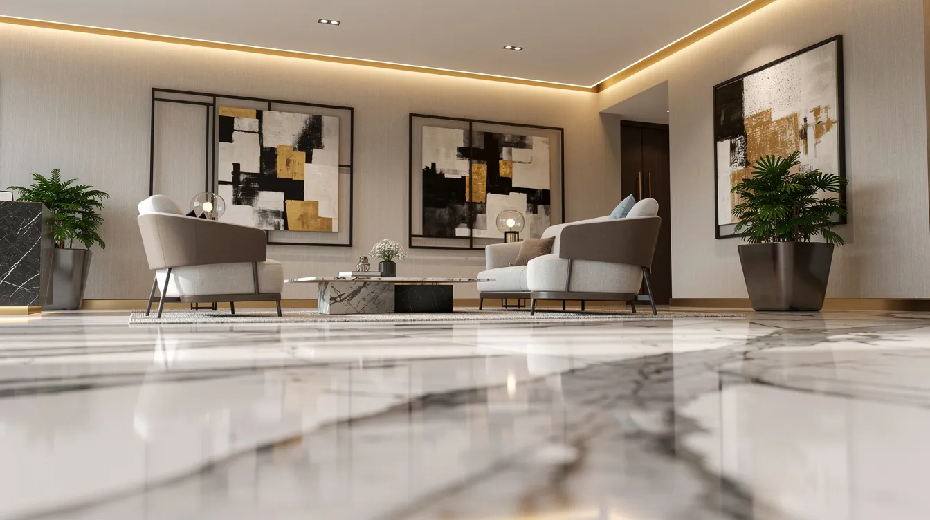The image showcases a luxurious condominium lobby with elegant marble floors, curated artwork, and warm ambient lighting, embodying the essence of luxury living. This branded residence in Singapore reflects premium finishes and design standards, creating an inviting atmosphere for residents and guests alike.
