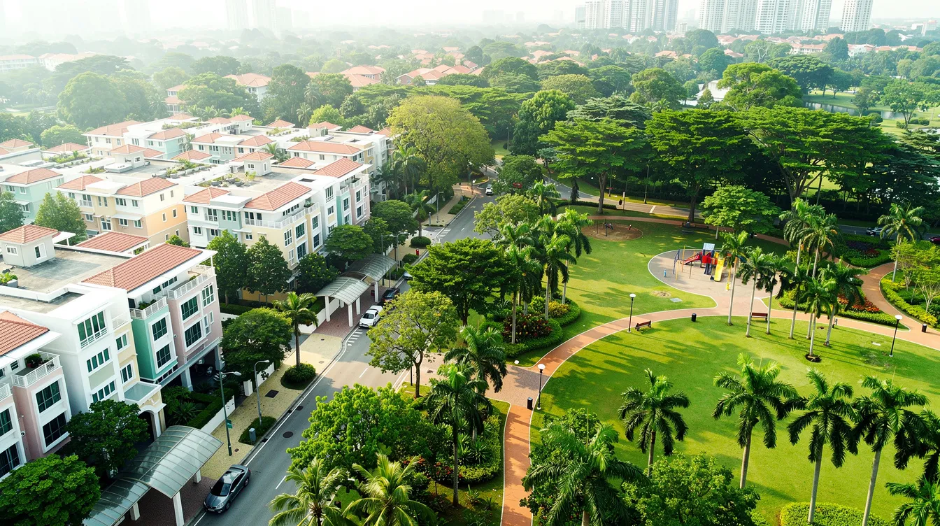 An aerial view showcases a vibrant Singapore neighborhood filled with low-rise condominiums nestled among mature trees and a park, highlighting the ideal environment for private property owners considering right sizing in retirement. This serene setting emphasizes the importance of community care apartments and the potential for unlocking cash through the sale of existing flats to enhance retirement income.