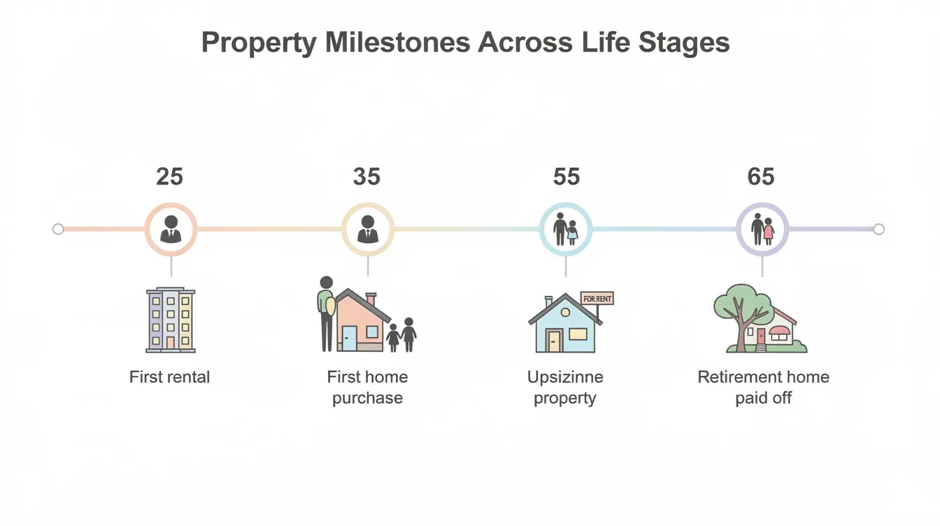 The image features a timeline graphic illustrating various life stages from age 25 to 65, with key property milestones such as purchasing an HDB flat, upgrading to a private condo, and planning for retirement through asset progression and financial planning. Each decade highlights important factors like cash savings, property prices, and accumulated CPF funds that contribute to achieving financial freedom and a comfortable retirement.