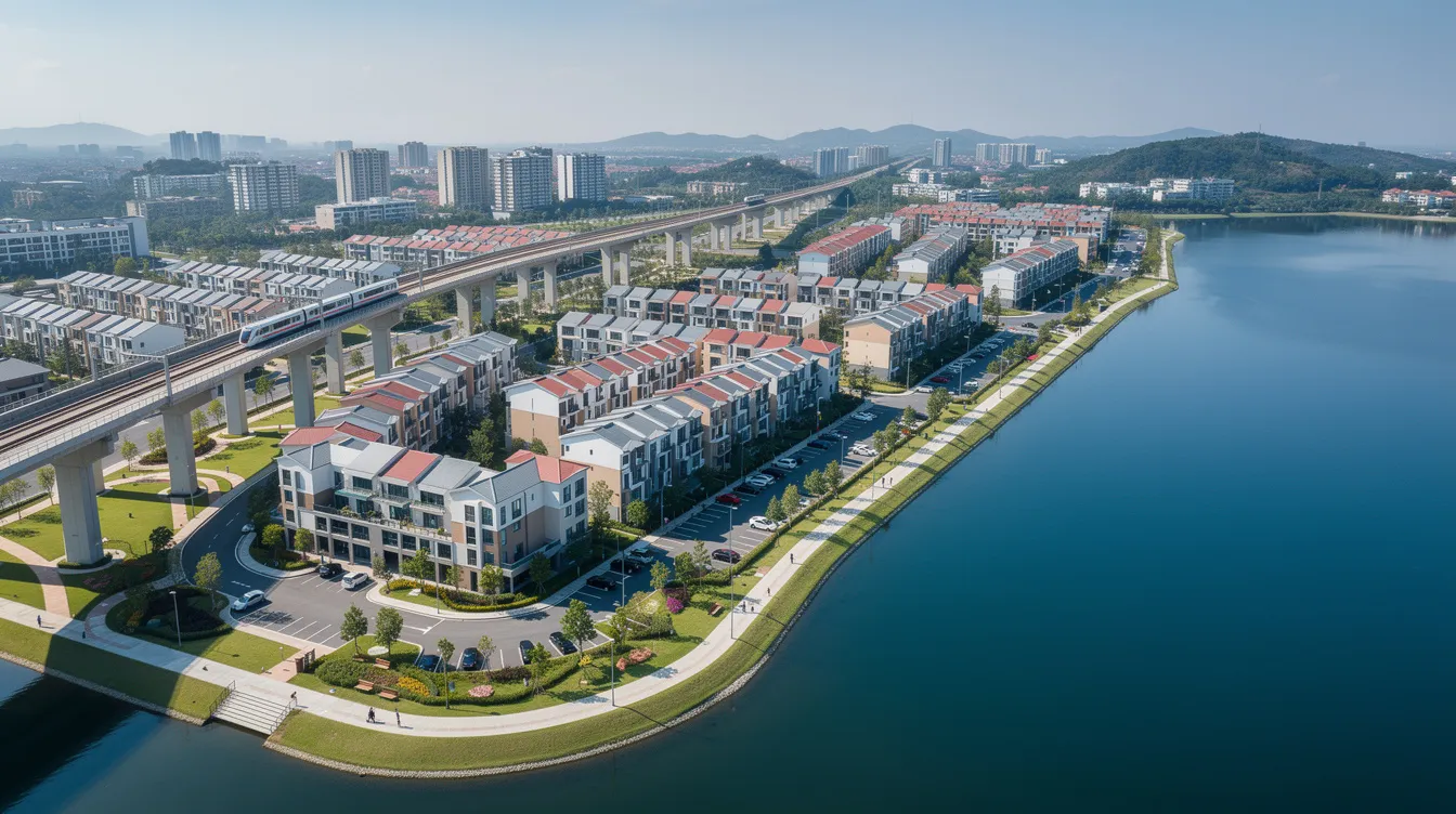An aerial view showcases a residential development near a serene lake, with visible MRT tracks providing convenient access. This area, part of the Singapore property market, highlights the upcoming launch projects and buyer demand, making it an attractive location for potential homeowners.