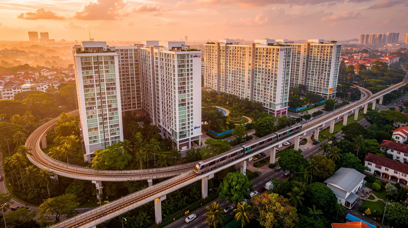 An aerial view captures the suburban landscape of Singapore at sunset, showcasing modern condominiums surrounded by lush greenery and MRT tracks, indicative of the vibrant private residential properties in the area. This scene reflects the ongoing trends in the property price index and the urban redevelopment authority's efforts to maintain market stability in the core central region.