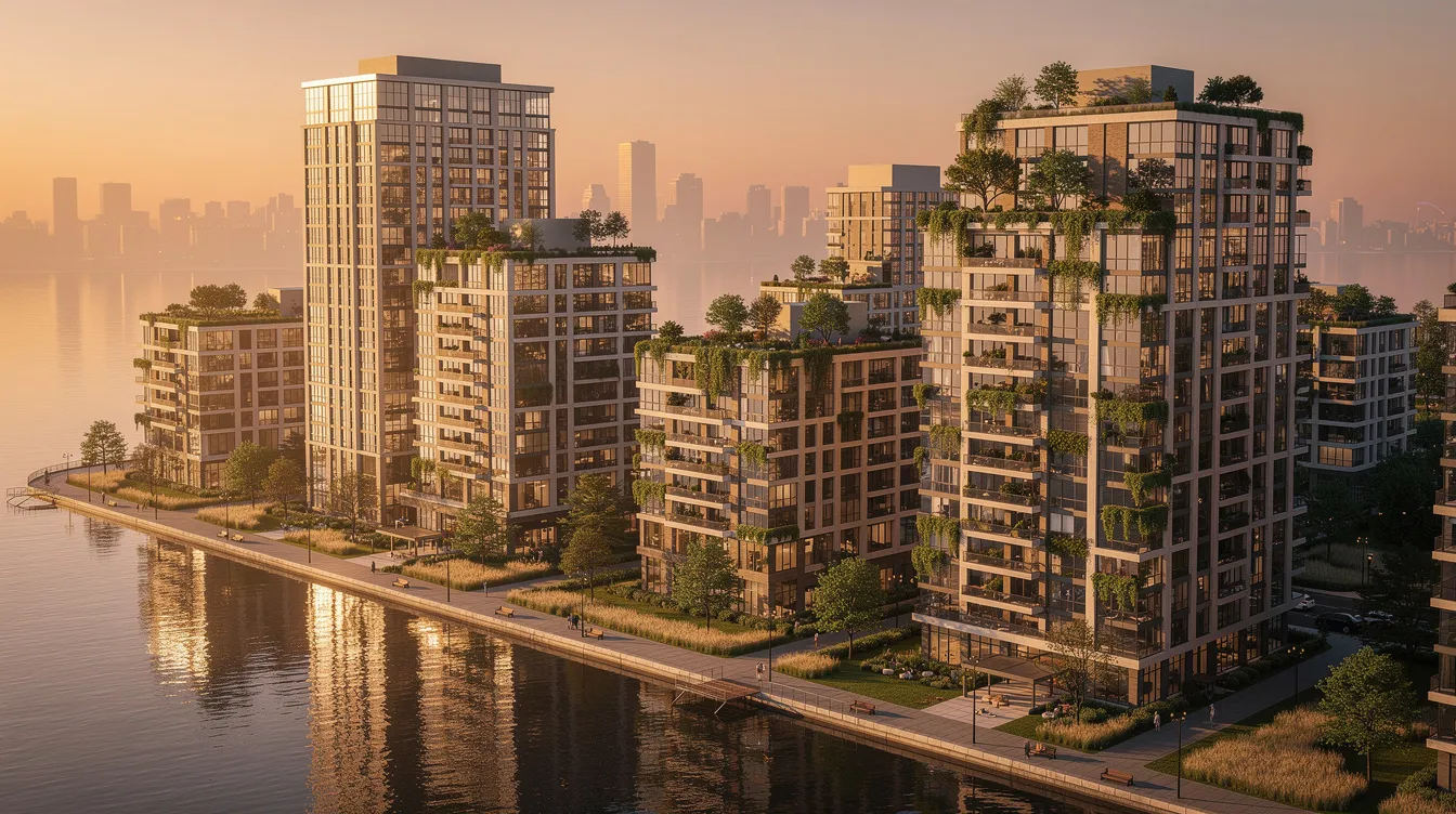An aerial view showcases a modern residential skyline featuring mixed-height condominiums with green rooftops along a serene waterfront during golden hour, highlighting the strategic location and investment opportunities in family office portfolios. This vibrant scene reflects the importance of diversification and long-term wealth management in today's real estate market.