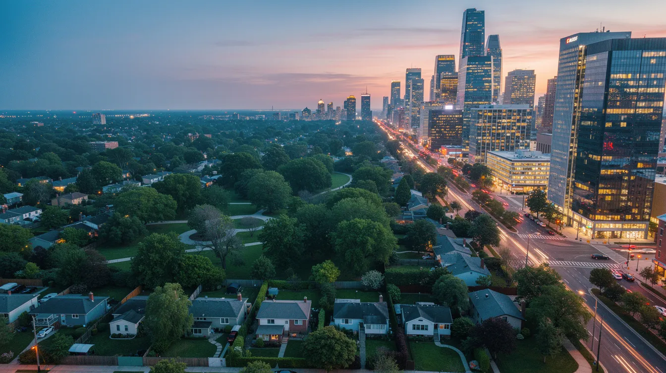 An aerial view captures a lush green residential neighborhood adjacent to a modern city skyline at dusk, highlighting the contrast between the serene environment and the bustling urban landscape. This scene reflects the appeal of freehold properties like the Serra Residences, located in Singapore's core central region, offering a tranquil lifestyle near the vibrant central business district.