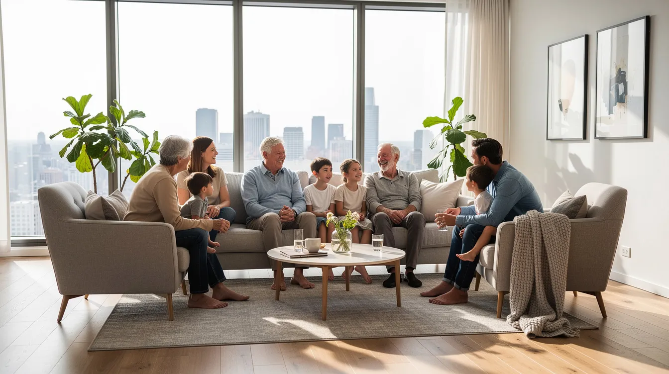 A multi-generational family is gathered in a bright, modern apartment living room, enjoying each other's company. This setting reflects the concept of right sizing in retirement, as they discuss options like selling their current flat to unlock cash while maintaining their lifestyle.
