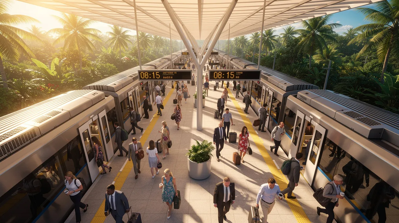 An overhead view captures a bustling modern train station platform filled with commuters boarding trains during the morning rush hour, set against a lush tropical backdrop. The scene reflects the vibrant life of Singapore, where families and students are likely on their way to school, emphasizing the importance of education and the daily commute in the city.