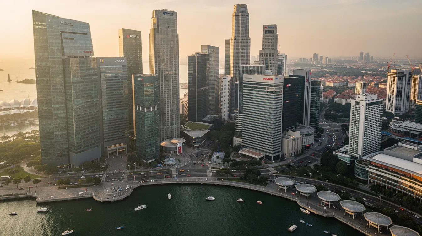 An aerial view of Singapore's central business district showcases a skyline filled with modern office towers, highlighting the city's role as an attractive market for both domestic and international capital. The image captures the bustling waterfront and the juxtaposition of older buildings with contemporary architecture, reflecting the dynamic nature of Singapore's real estate landscape.
