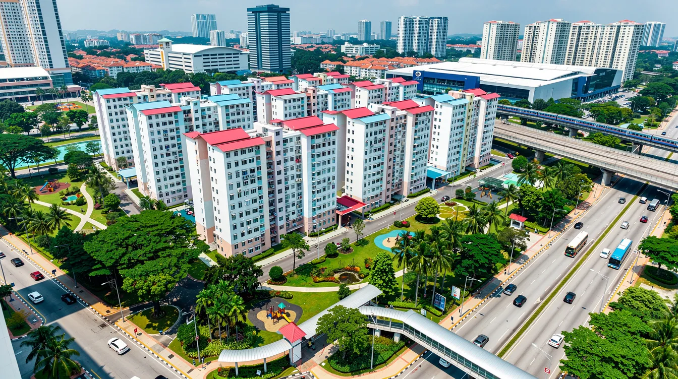 An aerial view showcases a vibrant Singapore HDB estate, surrounded by lush greenery and modern infrastructure, reflecting the integration of public housing within urban life. This image highlights the importance of understanding the HDB resale market and the implications for private property owners considering resale flats.