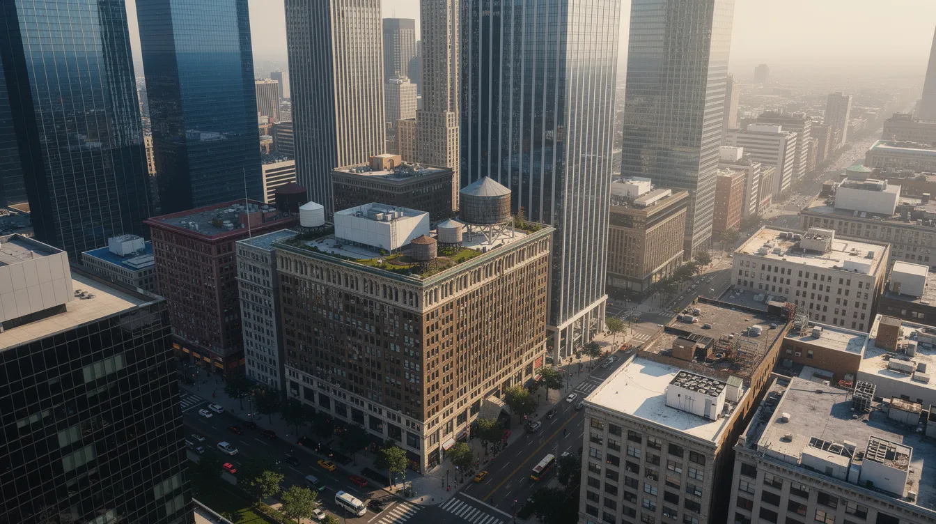 An aerial view captures a dense central business district skyline, showcasing a mix of older mid-rise buildings nestled between sleek modern towers. This vibrant urban landscape highlights the ongoing urban redevelopment authority initiatives, with potential strata office opportunities available in this thriving business precinct, particularly at 108 Robinson Road.