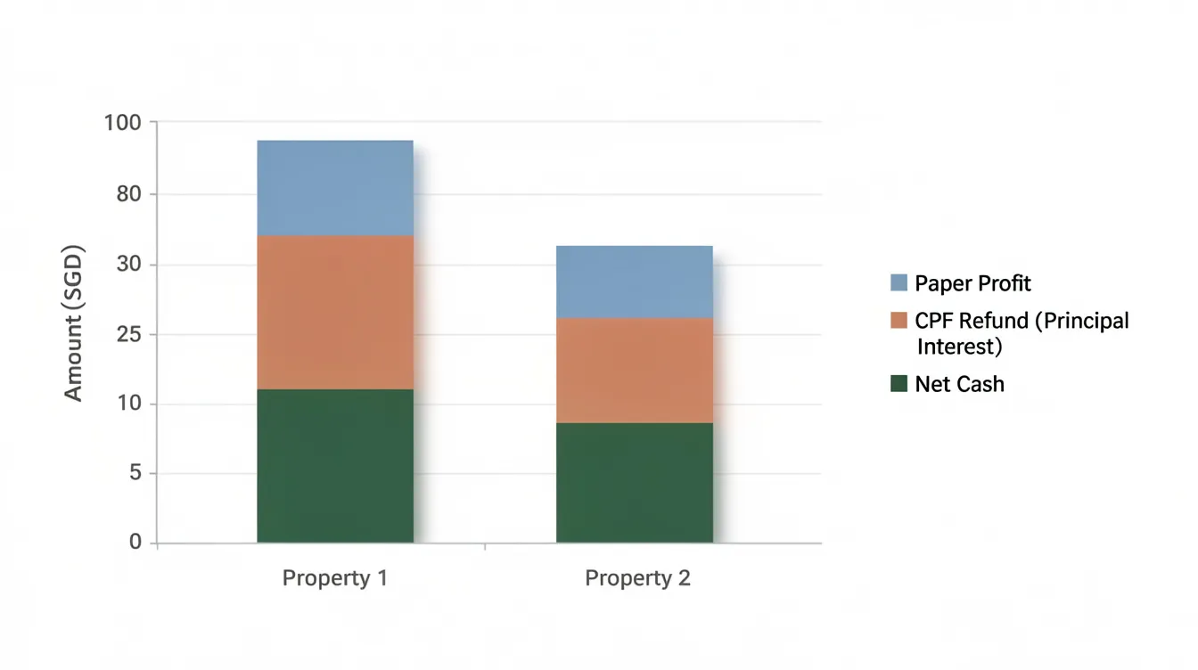 The image displays a stacked bar chart comparing paper profit, CPF refund principal plus interest, and net cash from two sequential property sales. This visual representation highlights the impact of CPF accrued interest and the significance of understanding CPF funds when calculating the financial implications of upgrading properties.