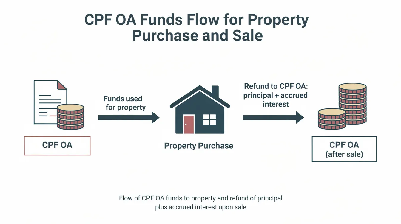 The diagram illustrates the flow of CPF OA funds during a property purchase, showing how the money is utilized and later returned as principal plus accrued interest upon sale. It highlights the importance of understanding CPF accrued interest and its impact on cash proceeds and overall property value for HDB upgraders.