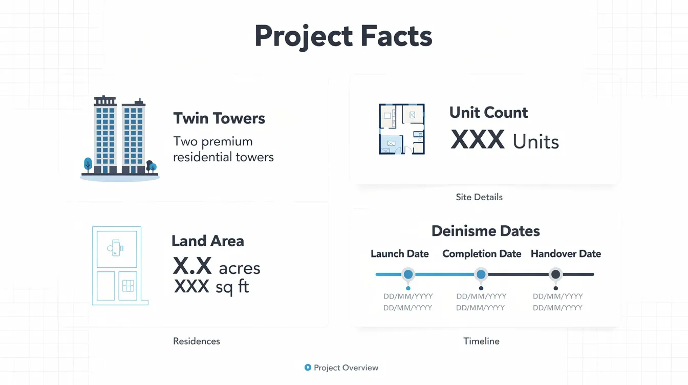 The image features an infographic-style layout that presents key project facts, including details about twin towers, the unit count, land area, and significant dates. It highlights aspects relevant to the River Valley area, such as the connection to Great World MRT station and the unit mix, catering to potential buyers and residents in Singapore's prime district.
