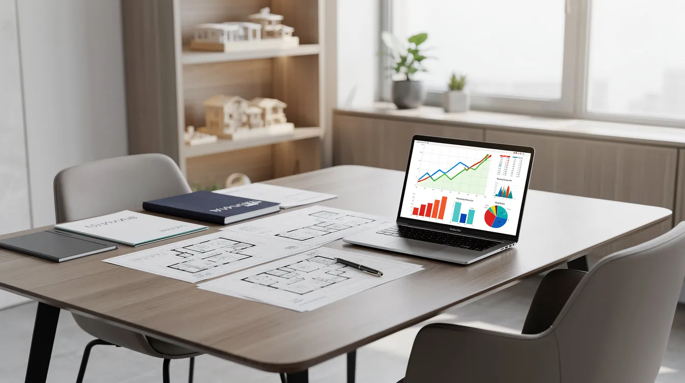 The image depicts a modern office consultation setting featuring property plans spread out on a table, alongside a laptop displaying financial charts, emphasizing the importance of engineering practice in major infrastructure projects. This environment reflects the expertise of professionals like Aman Aboobucker, who advises clients on cost-efficient solutions for residential and commercial developments.